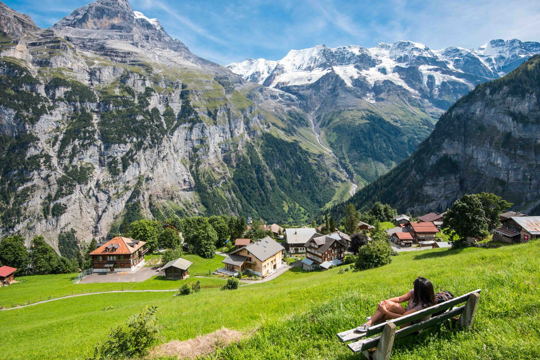 Swiss alpine village with snowy mountains