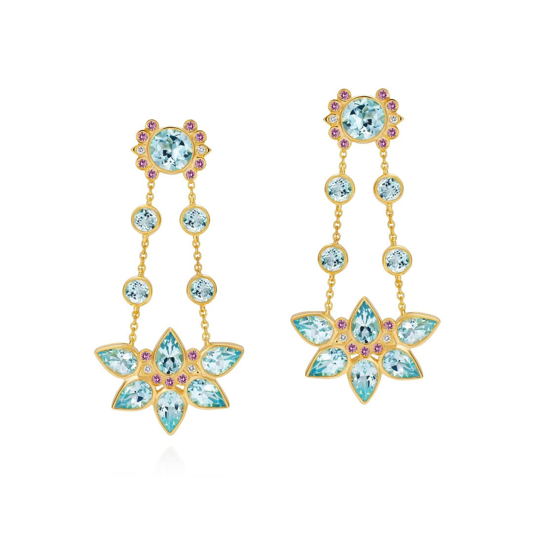 Amanda Brighton Eastern Star earrings in gold with blue topaz and pink sapphires