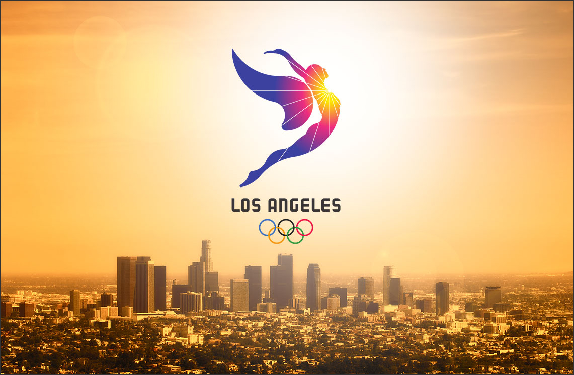 Los Angeles 2028 Olympic logo over the downtown LA skyline at sunset